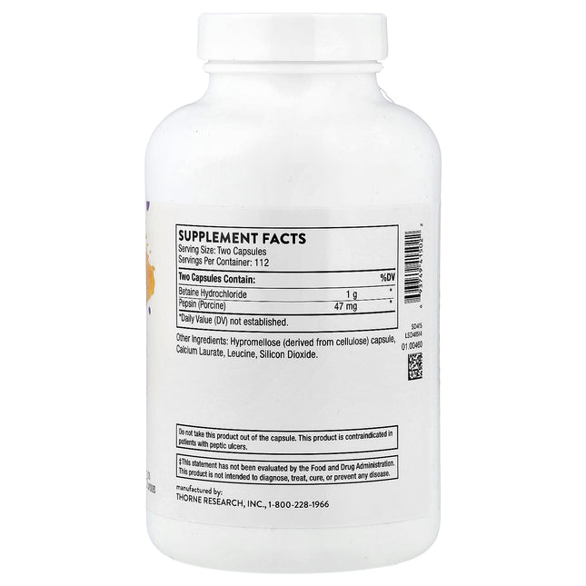 Thorne Betaine HCl & Pepsin bottle back label with supplement facts and ingredients