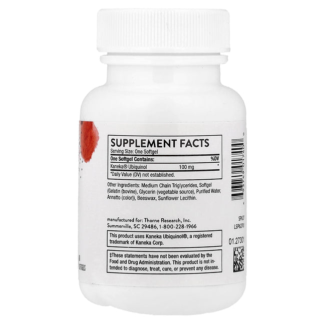 Thorne Ubiquinol 100 mg Kaneka ubiquinol bottle showing supplement facts and ingredients