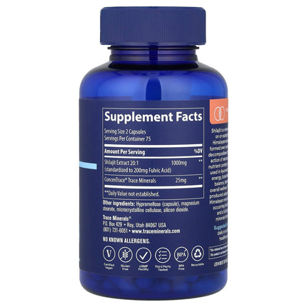 Trace Shilajit 150 Capsules - supplement facts label