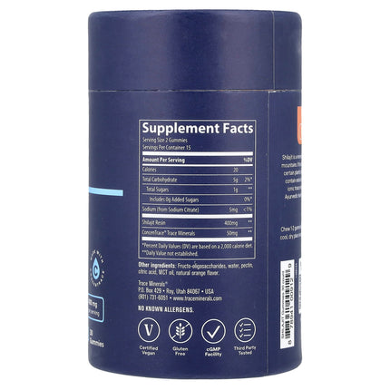 Trace Shilajit Gummies Orange 30 Gummies - back label with supplement facts
