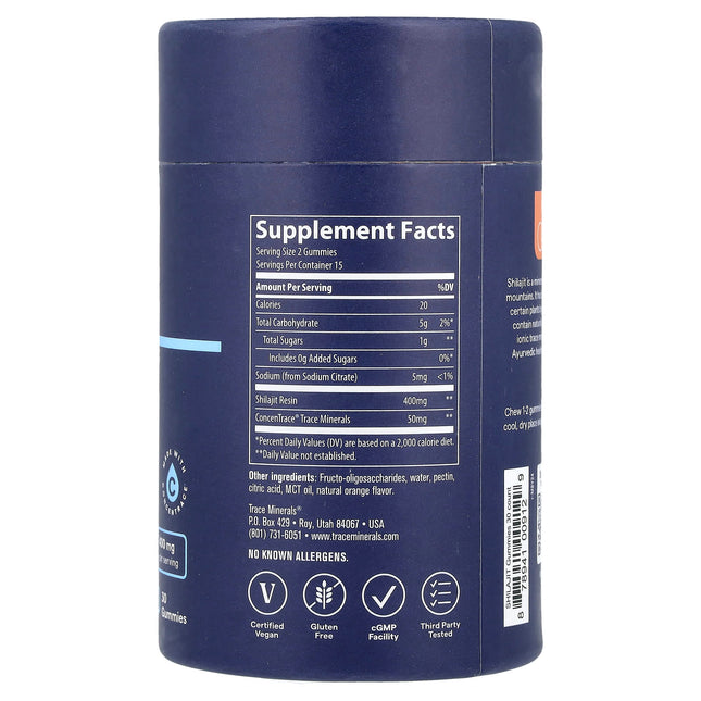 Trace Shilajit Gummies Orange 30 Gummies - back label with supplement facts