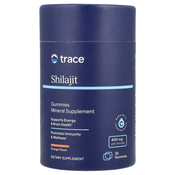 Front of Trace Shilajit Gummies Orange jar, 30 vegan gummies