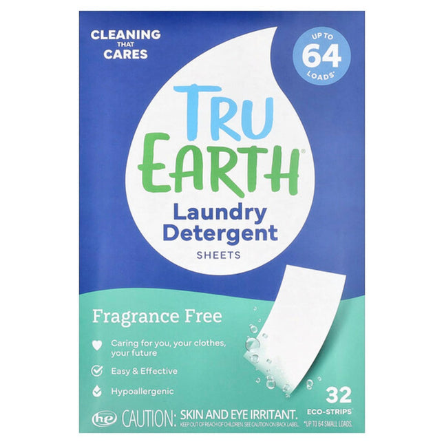 Tru Earth, Laundry Detergent Sheets, Fragrance Free, 32 Eco-Strips  - front of pack