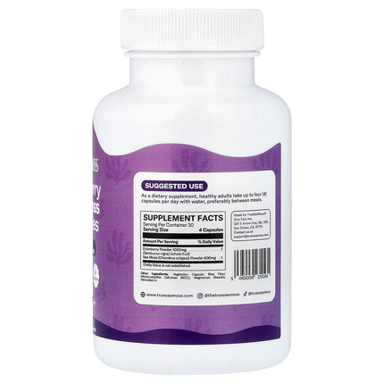 True Sea Moss Elderberry Sea Moss 120 capsules back label with supplement facts and suggested use