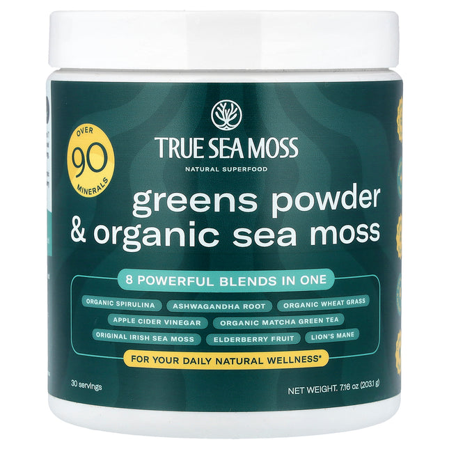 True Sea Moss Greens Powder & Organic Sea Moss 7.16 oz (203.1 g) tub, front of pack