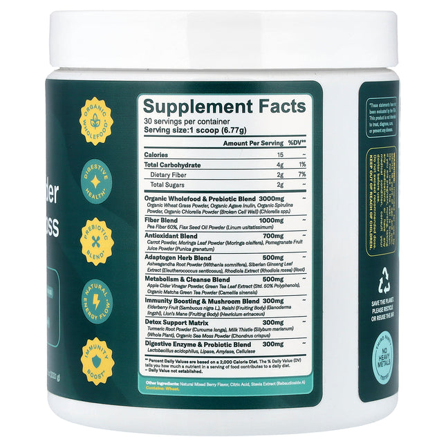 True Sea Moss Greens Powder & Organic Sea Moss 203.1 g tub back label with supplement facts