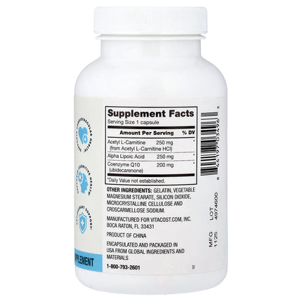 Vitacost Advanced Acetyl L-Carnitine, Alpha Lipoic Acid and CoQ10 120 Capsules - back label with supplement facts and ingredients