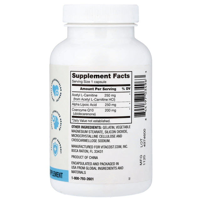 Vitacost Advanced Acetyl L-Carnitine, Alpha Lipoic Acid and CoQ10 120 Capsules - back label with supplement facts and ingredients