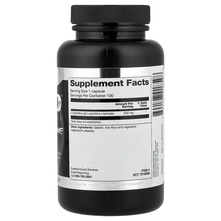 Vitacost ARO™ Black Series L-Carnitine, 500 mg per Capsule 100 Capsules - back label with supplement facts and ingredients