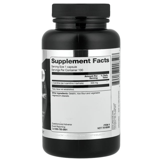 Vitacost ARO™ Black Series L-Carnitine, 500 mg per Capsule 100 Capsules - back label with supplement facts and ingredients