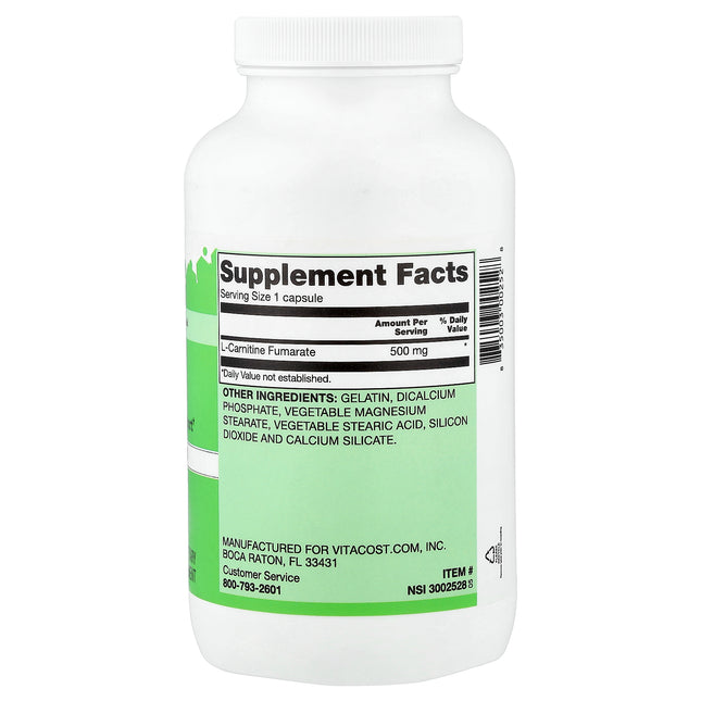 Vitacost L-Carnitine Fumarate, 500 mg 300 Capsules - back label with supplement facts and ingredients