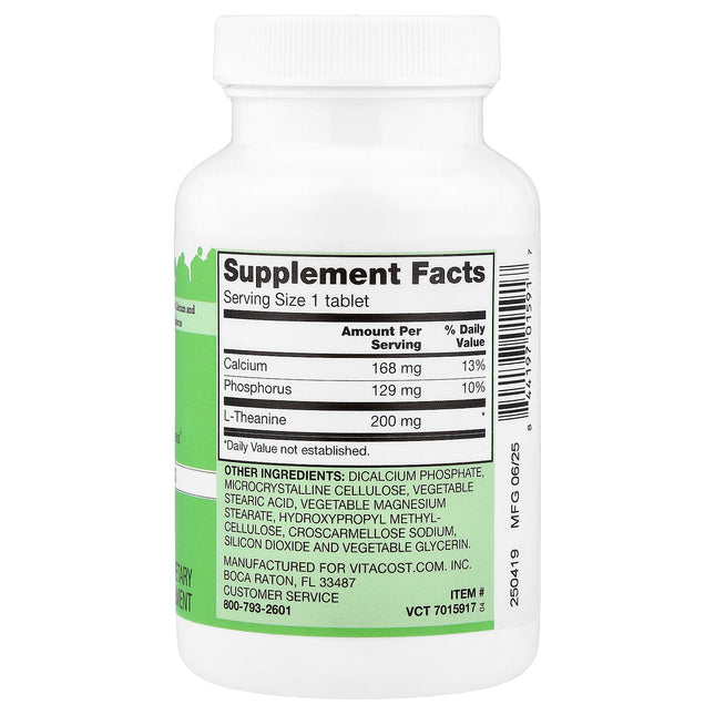 Vitacost L-Theanine With Calcium and Phosphorus, 60 Tablets - supplement facts and ingredients label