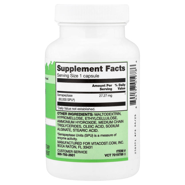 Vitacost Serrapeptase Enzyme 27.27 mg 60 Capsules bottle, back label with supplement facts