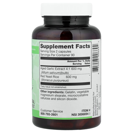 Vitacost Synergy Aged Garlic Extract With Red Yeast Rice 180 Capsules - back label with Supplement Facts and ingredients