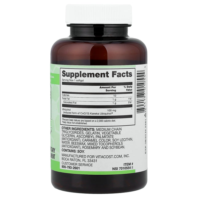 Vitacost Synergy ubiquinol 100 mg 60 softgel bottle showing supplement facts and ingredients