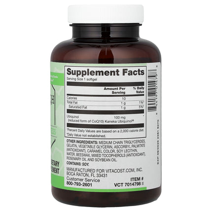 Vitacost Synergy ubiquinol 100 mg 90 softgel bottle showing supplement facts and ingredients