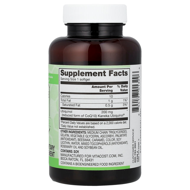 Vitacost Synergy ubiquinol 200 mg bottle showing supplement facts and ingredients