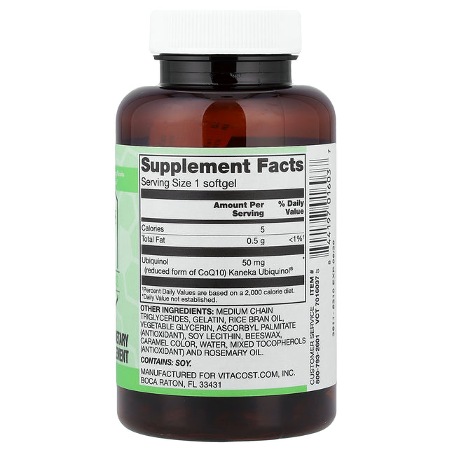 Back of the Vitacost Synergy Kaneka ubiquinol 50 mg bottle showing supplement facts and ingredients