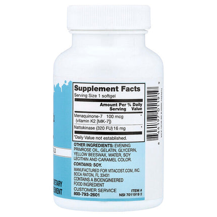 Vitacost Vitamin K2 MK-7 With Nattokinase 90 Softgels supplement facts back label