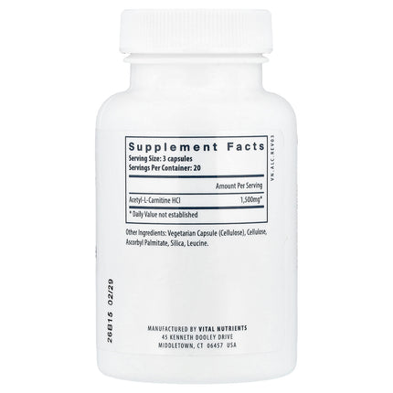 Vital Nutrients Acetyl L-Carnitine, 500 mg per Capsule 60 Vegan Capsules - back label with supplement facts and ingredients