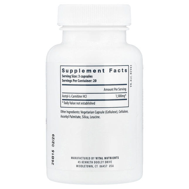 Vital Nutrients Acetyl L-Carnitine, 500 mg per Capsule 60 Vegan Capsules - back label with supplement facts and ingredients