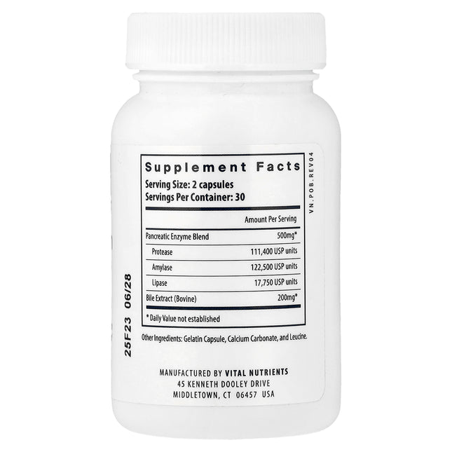 Vital Nutrients Pancreatin & Ox Bile Extract bottle back label with supplement facts and ingredients