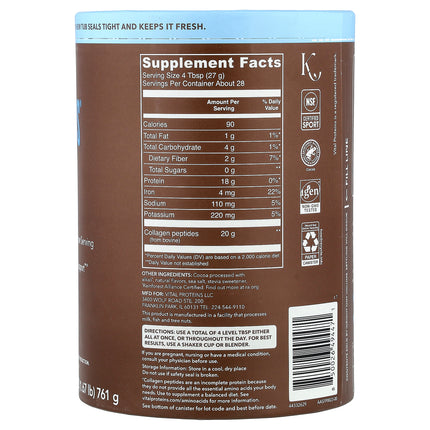 Vital Proteins Collagen Peptides, Chocolate - Back label with supplement facts and ingredients