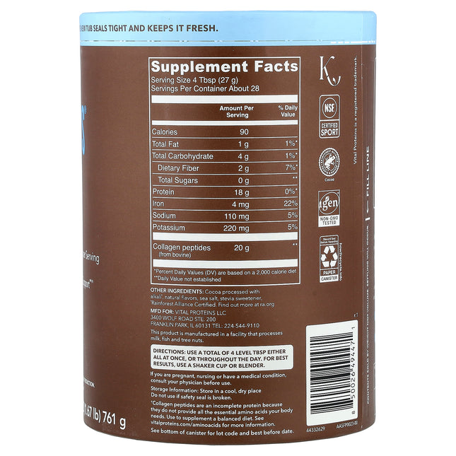 Vital Proteins Collagen Peptides, Chocolate - Back label with supplement facts and ingredients