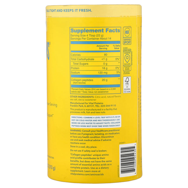 Vital Proteins Collagen Peptides, Lemon - Back label with supplement facts and ingredients