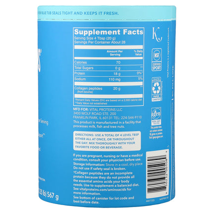 Vital Proteins Collagen Peptides, Unflavoured - Back label with supplement facts and ingredients
