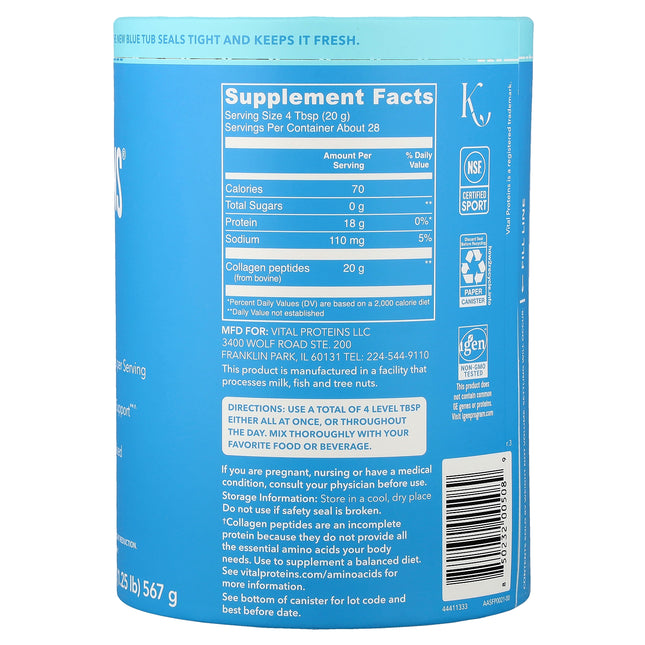 Vital Proteins Collagen Peptides, Unflavoured - Back label with supplement facts and ingredients