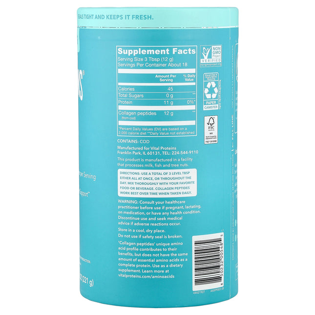 Vital Proteins Marine Collagen, Unflavoured - Back label with supplement facts and ingredients
