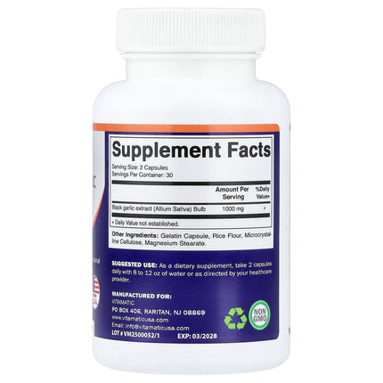 Vitamatic Fermented Black Garlic 60 Capsules - back label with Supplement Facts