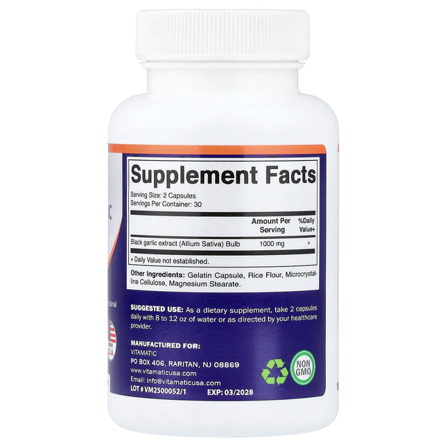 Vitamatic Fermented Black Garlic 60 Capsules - back label with Supplement Facts