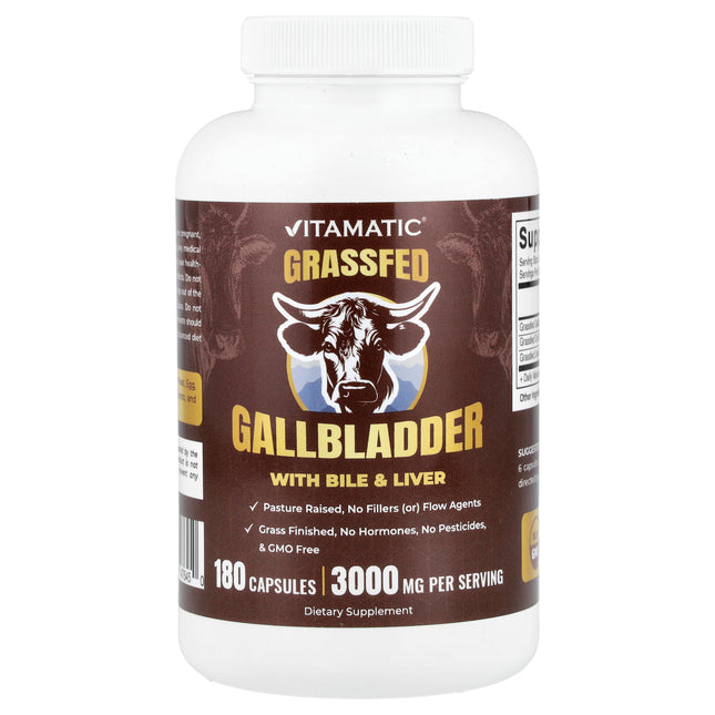 Vitamatic Grassfed Gallbladder with Bile & Liver 180 capsules bottle, front of pack