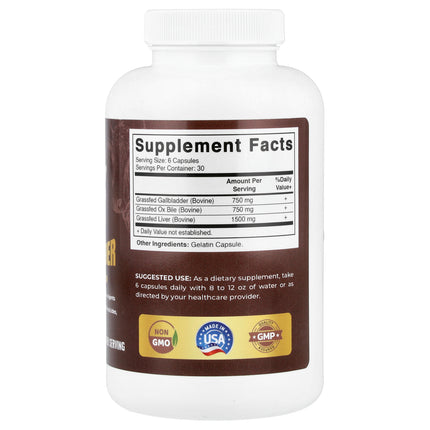 Vitamatic Grassfed Gallbladder with Bile & Liver bottle back label with supplement facts and ingredients