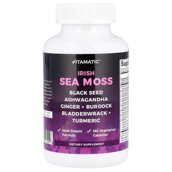 Vitamatic Irish sea moss with black seed, ashwagandha and turmeric, 180 vegetarian capsule bottle front of pack