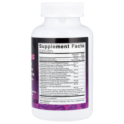 Vitamatic Irish Sea Moss 180 vegetarian capsules back label with supplement facts and ingredients