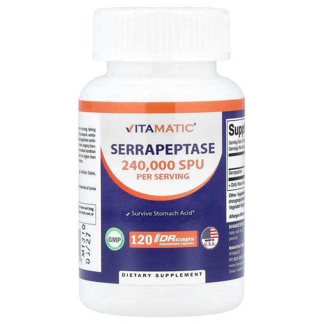 Vitamatic Serrapeptase 120,000 SPU per capsule, 120 DRcaps bottle, front view