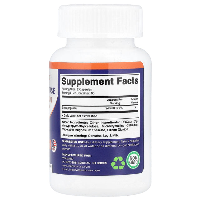 Vitamatic Serrapeptase 120,000 SPU per capsule, 120 DRcaps bottle, back label with supplement facts