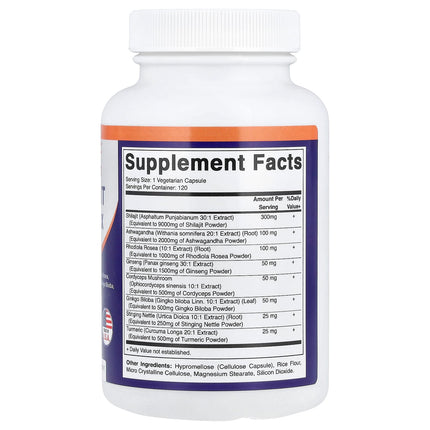Vitamatic Shilajit Complex 120 Vegetarian Capsules - back of bottle with supplement facts