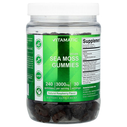 Vitamatic Vegan Sea Moss Gummies Natural Raspberry 240 gummies jar, front of pack