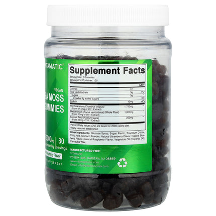Vitamatic Vegan Sea Moss Gummies Natural Raspberry 240 gummies back label with supplement facts and ingredients