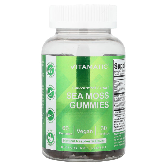 Vitamatic Vegan Sea Moss Gummies Natural Raspberry 60 gummies bottle, front of pack