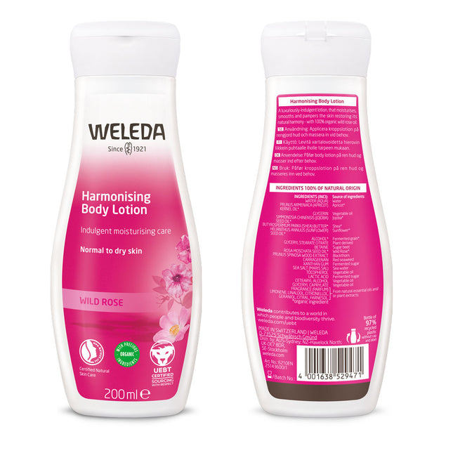 Weleda Harmonising Body Lotion Wild Rose front and back, showing ingredients and how to use instructions
