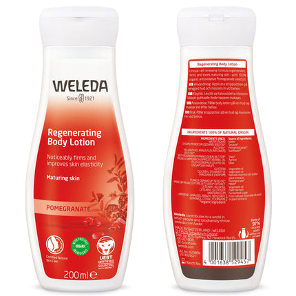 Weleda Regenerating Body Lotion Pomegranate front and back, showing ingredients list and pomegranate seed oil details