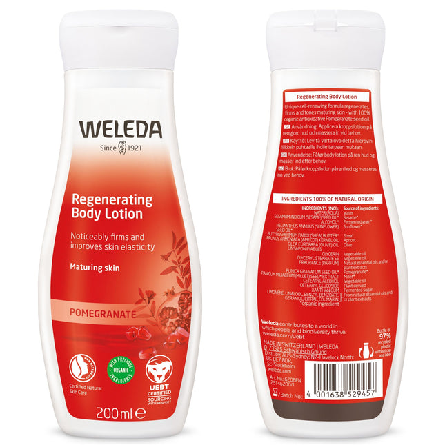 Weleda Regenerating Body Lotion Pomegranate front and back, showing ingredients list and pomegranate seed oil details