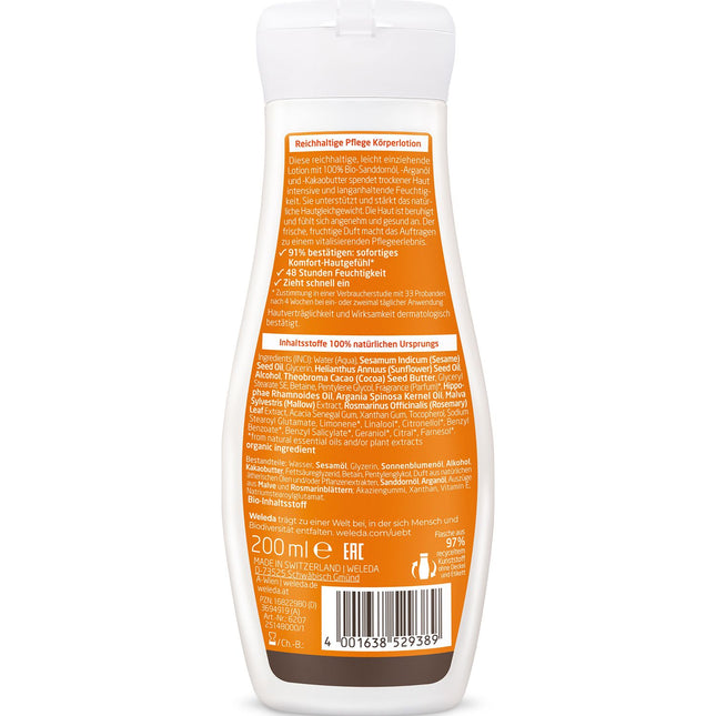 Back of Weleda Revitalising Body Lotion Sea Buckthorn 200ml showing full ingredients list