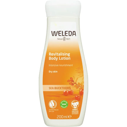 Weleda Revitalising Body Lotion Sea Buckthorn 200ml bottle for dry skin, intensive nourishment