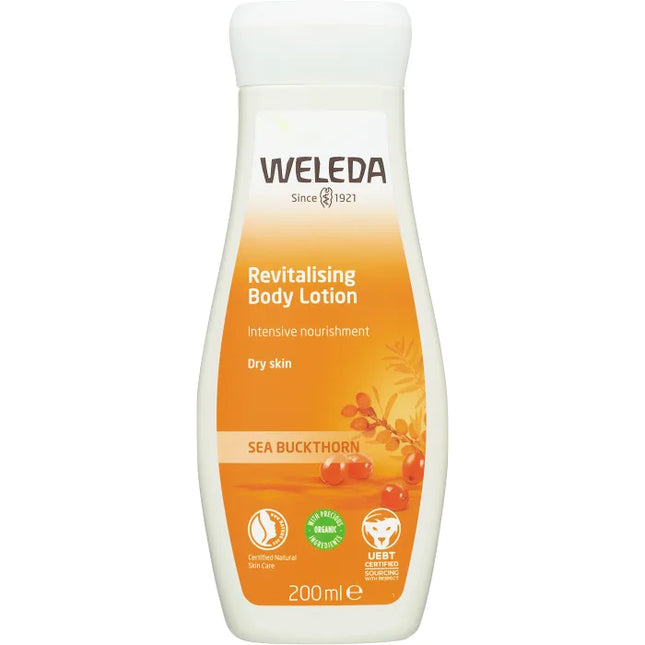 Weleda Revitalising Body Lotion Sea Buckthorn 200ml bottle for dry skin, intensive nourishment